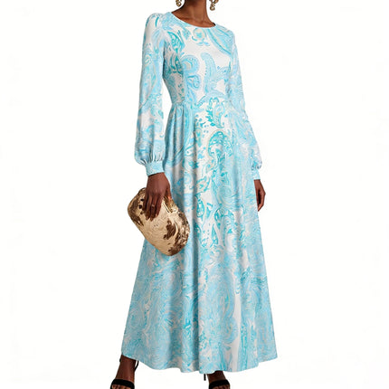 Women Long Sleeve Midi Dress Round Neck Loose Fit Casual Printed Spring Fall Everyday A Line Dresses