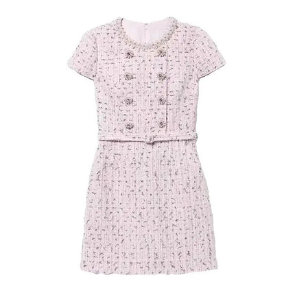 Spring Summer New Fashion Pink Tweed Handmade Beaded O Neck Dress Women Elegant Short Sleeve Slim Robe with Sashes Ladies 2025
