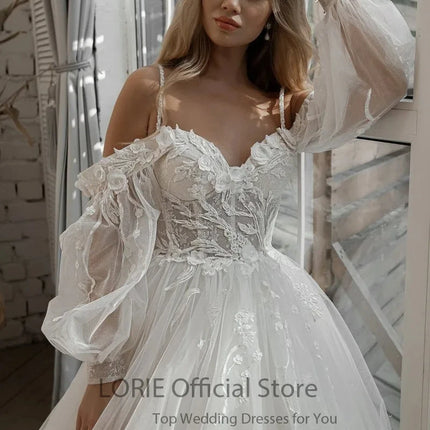 LORIE Glitter Wedding Dresses Puff Sleeve Appliques Lace 3D Flower off Shoulder Tulle Boho Bride Gown Customized vestidosdenovia