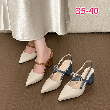 Women Slingback Pumps Pointed Toe Block Heels Two Tone Contrast Strap Ankle Buckle Shoes for Ladies Women's High‑heel Sandals
