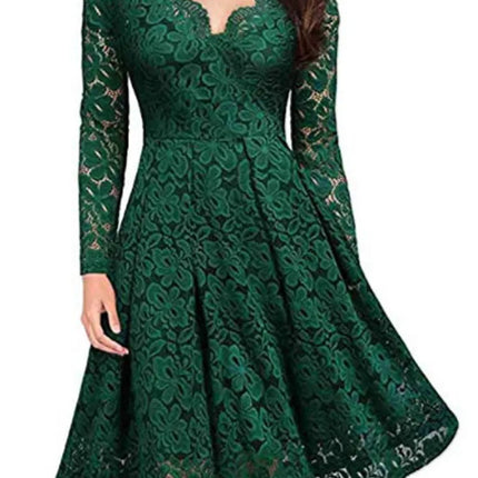 Women Lace A-Line Dress Spring Autumn V Neck Long Sleeve Lace Crochet Patchwork WineRed Slim Party Dresses JYFS-JY8858