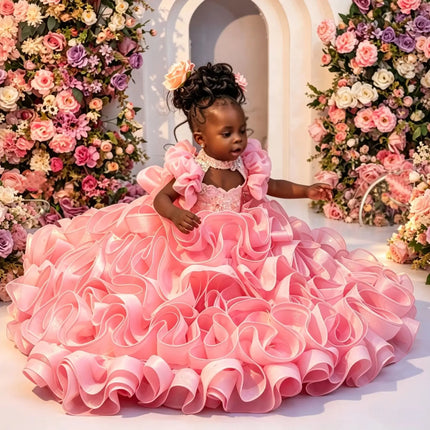 Customized Pink Ruffled Flower Girl Dress Puffy Organza Ball Gown Toddler Pageant Dress Kids Birthday Party Princess Dress