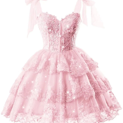 Sparkly Tiered Lace Tulle Homecoming Dresses Short Bow Straps Formal Prom Gowns Sweet 16