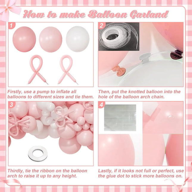 128-Piece Pink Balloon Arch Kit: Includes 18-inch pink and white balloons and bow-shaped balloons; a DIY decoration set perfect for birthday parties, Valentine's Day, graduations, pre-wedding parties, and photo backdrops.