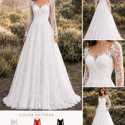 Elegant Lace Appliqué A-Line Wedding Dress for Women Long Sleeve Illusion V Neck Tulle Ball Gown with Pockets Floor Length Formal Evening Prom Dress