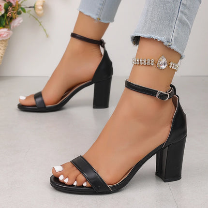 Women's Summer Solid Color Large Size Classic Thick Heel Sandals 2026 New Ankle Strap Design Anti-Slip Open Toe Sandals