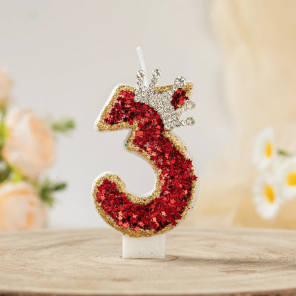 Crown Candles New Creative Number 0-9 Pink Blue Red Birthday Wedding Party Cake Decoration Handmade Crown Powder Sequin Cake Dec