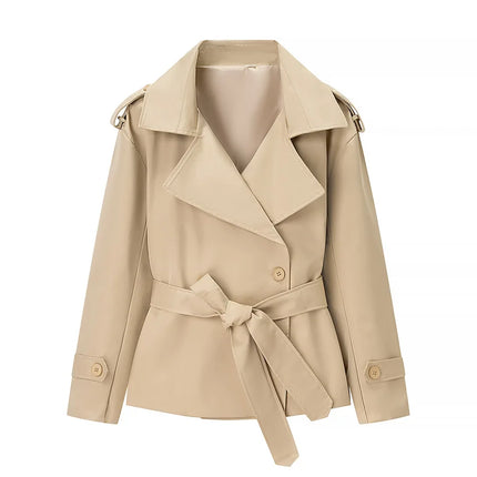 Women's Long-sleeve Collared Tie-front Jacket for Spring/Fall; A Stylish, Loose-fitting Coat.Available in Red,Apricot,Green,Blue