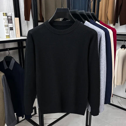 Soft Knit Men Crew Neck Long‑Sleeve Sweater Solid‑Color Plain Pullover Casual Business Basic Knitwear for Men