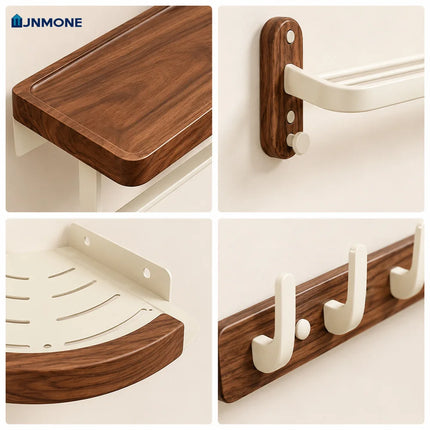 Modern Luxury Bathroom Accessories Set Walnut Wood Towel Rack Wall Mounted Bathroom Hardware Set Shelf Hooks Toilet Paper Holder