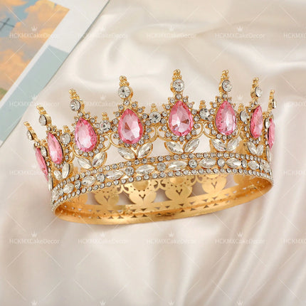 2pcs Pink Crown Birthday Cake Topper Set Gold Happy Birthday Acrylic Cake Decor Rhinestone Queen Tiara Cake Decoration for Women