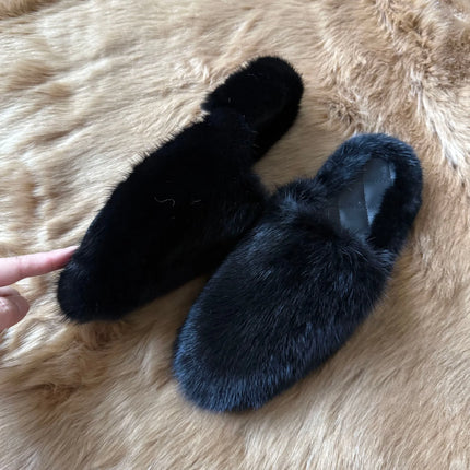 Real Mink Fur Home Slippers For Women Leather Insole Flat Plush Warm Shoes Woman Winter Comfort Non Slip Outdoor Indoor Slippers