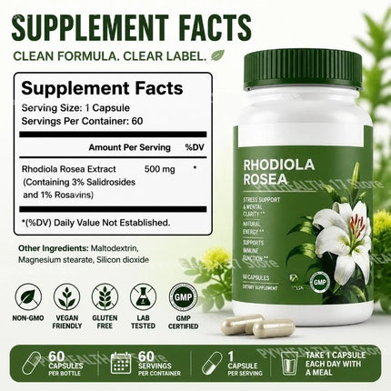 Rhodiola Rosea Extract Capsules 500mg Herbal Adaptogen for Daily Wellness Focus Mental Clarity and Energy Support 60 Capsules