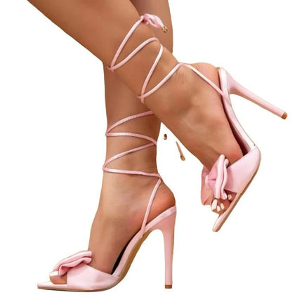 Liyke Elegant Party Wedding Prom Shoes Women Ankle Cross Strap Sandals Fashion Sexy Pointed Toe Butterfly Knot High Heels Pink