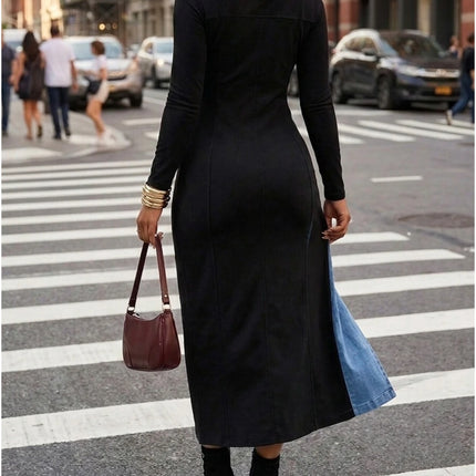 Women's Round Neck Long Sleeve Color Block Front Slit Slim Fit Midi Dress For Urban Street Daily Casual Fashion Occasions