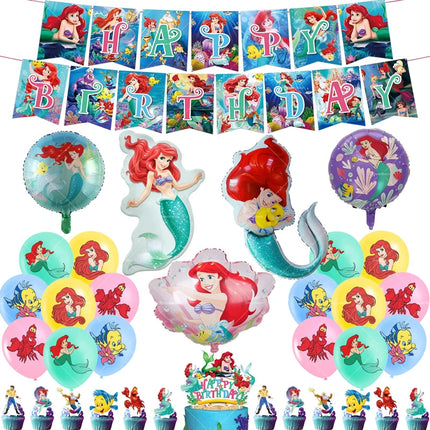 Mermaid Balloons The Little Princess Happy Birthday Banner Party Decoration Disposable Tableware Cake Topper Background Stickers