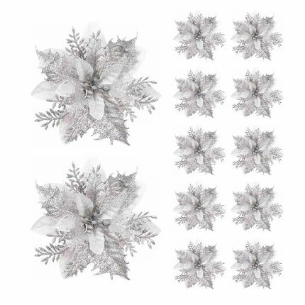 5/10pcs 14.5cm Christmas Flower Ornaments,Pink,Red,Gold,Glitter Artifical Flowers For Christmas Tree,Xmas Decoration For Home