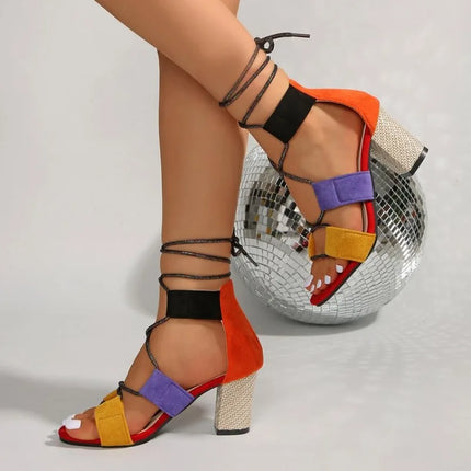Women's Lace Up Sandals Open Toe Suede Look Strappy Design Woven Look Block Heel Casual Party Dress Footwear for Spring Summer