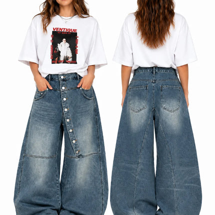 Women's Asymmetric Button Front Baggy Jeans, High Waist Vintage Washed Wide Leg Denim Pants Y2K Streetwear Loose Barrel Jeans for Daily Wear