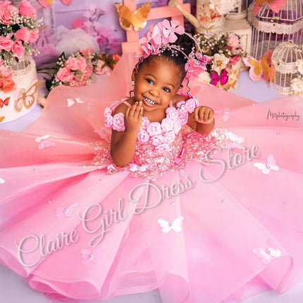 Customized Pink Flower Girl Dresses For Wedding Appliques Butterflies Pearls Cute Kids Birthday Party First Communion Gown