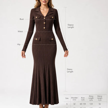 Elegant Women Lapel Knit Mermaid Maxi Dress, Long Sleeve Gold Decor Button Ribbed Bodycon Dress, Business Casual Wedding Guest Evening Party Gown