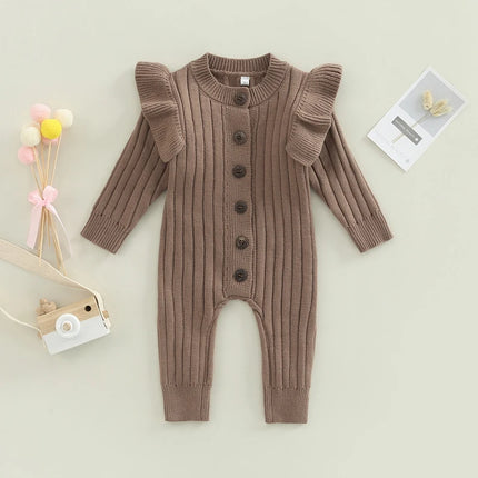 FOCUSNORM 0-18M Autumn Winter Baby Girls Boys Romper 3 Colors Solid Long Fly Sleeve Knitted Single Breasted Jumpsuit