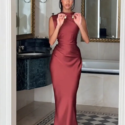 Solid Satin Cowl Neck Women's Dress Elegant Sleeveless Ruched Waist Fishtail Bodycon Lady Vestido 2026 Summer Party Dresses