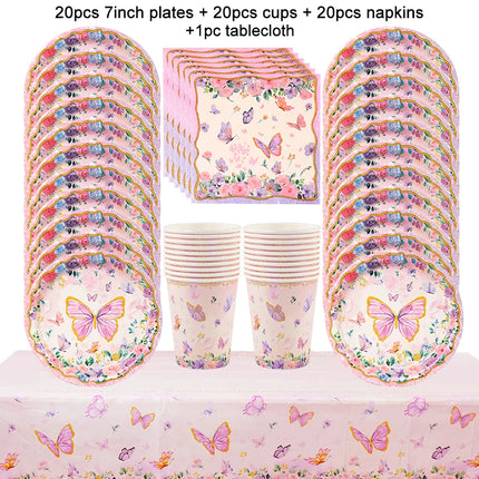 Butterfly Disposable Tableware Set Paper Plate Cup Napkins Pink Butterfly Birthday Party Decoration Baby Shower Wedding Supplies