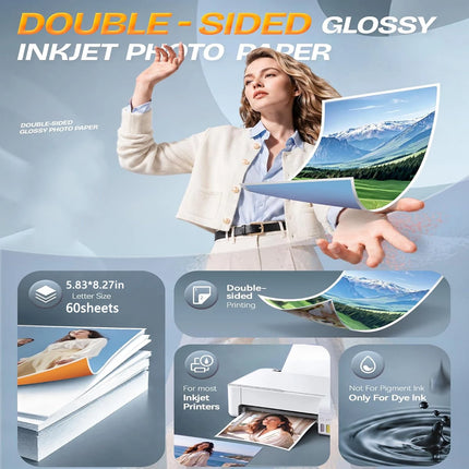 A5 Double-Sided High-Glossy Photo Paper, Glossy Brochure Paper 5.83 X 8.27 Inch, 200 GSM for Inkjet Printer, Photo Printing
