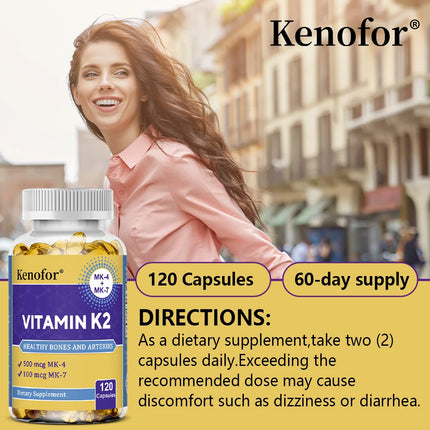 Vitamin K2 Capsules with MK-4 & MK-7, Bone Teeth Joint, Cardiovascular & Calcium Metabolism Support, Anti-Aging, Vegetarian