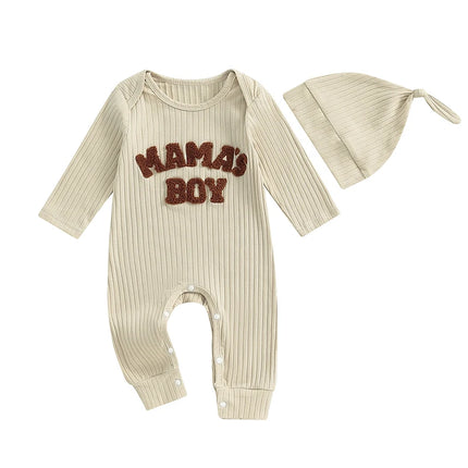 Pudcoco Infant Newborn Baby Boy Bodysuits Letter Embroidered Ribbed Long Sleeve Round Neck Fall Jumpsuits Hat Outfits 0-18M