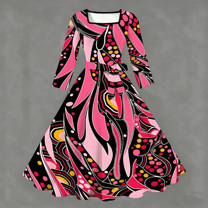 Spring Summer Women's Square Collar Printed Slim Short-sleeved Dress Commuting Beach Vacation Elegant Knee Length Party Skirt