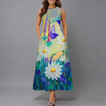 Women Sleeveless Long Maxi Dress With Pockets 3D Oil Painting Print Casual Loose Summer Vacation Party Sundress