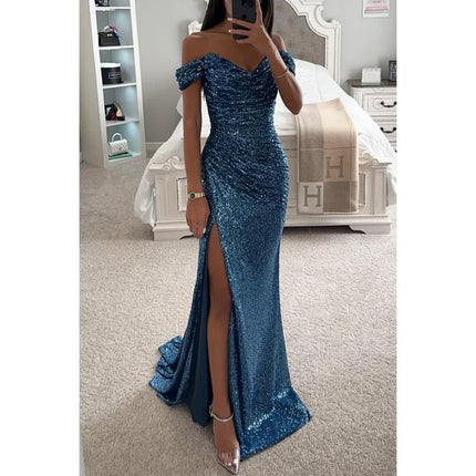Women's Sexy Party Maxi Dress New Sequined One-line Collar Slit Dress Casual Fashion Prom Eveging Dresses for Women Robe Femme