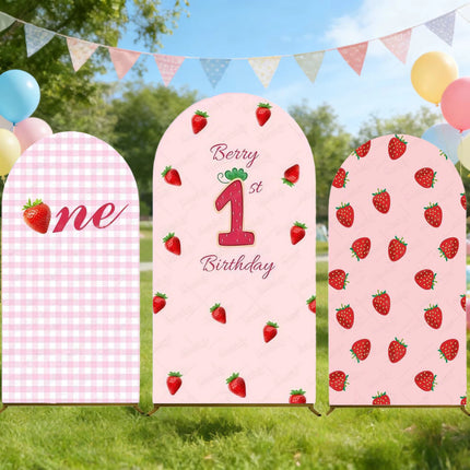 Pink Strawberry Arch Backdrop Cover Berry First 1st Birthday Party Custom Girl Baby Shower Background Decoration Personalized