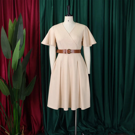 Fashion African Dresses for Women V Neck Short Sleeve Belt Waisted Pleated Mid Calf Elegant Ladies Birthday Party Dinner Dress
