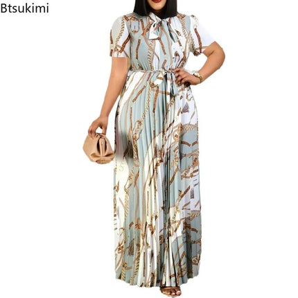 Fashionable and Elegant Print Pleated Long Dresses for Women Oversized Short-sleeved Ladies Temperament Maxi Dress Evening Gowns