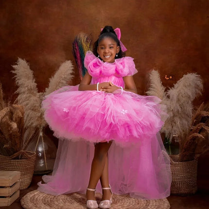 Pink Flower Girl Dress For Wedding Tulle High-Low Length Girl Kids Birthday Party Ruffles First Holy Communion Gowns Customized