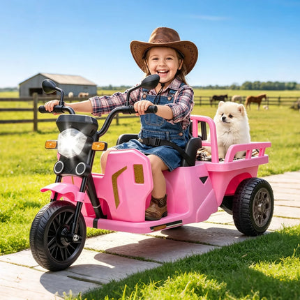 12V Kids Electric Tricycle With Trailer, 110W Ride On Motorcycle Tractor, Sand Shovel, Bluetooth Music, LED Headlight, 3 Speeds