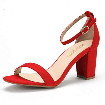 LOSLANDIFEN Women High Heels Sandals Women New Summer Shoes Woman Fashion Buckle Strap Square Heel Flock White Open Toe Sandals