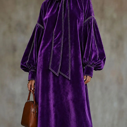 Women Solid Velvet Maxi Dress Bow Tie High Neck Lantern Long Sleeve Loose Dress Elegant Fall Winter Office Evening Party Dresses
