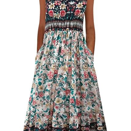 2025 summer new! Women's sleeveless Bohemian floral casual beach MIDI sundress with pockets flowing and loose
