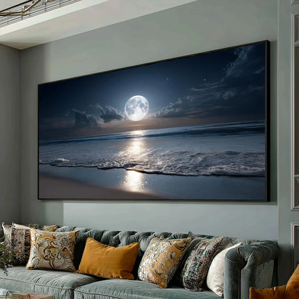 Full Moon Ocean Reflection Canvas, Night Beach Wall Art, Serene Seascape Canvas Print, Tranquil Coastal Decor, No Frame