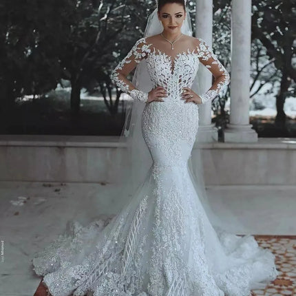 Sexy Mermaid Wedding Dresses Long Sleeves 2023 New Lace Illusion See Through Back Lace Bride Dresses Court Wedding Gowns Luxury