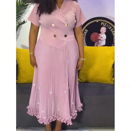 EGRM New Miyaki Pleated Long Dress Short Sleeved Summer Hot Sale Women's Double Breasted Waist Cinching Slimming Versatile Skirt