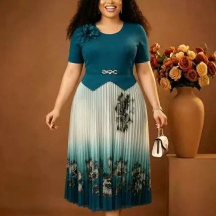 Miyake 2026 Summer New Fashion Design Sense Waist Printing Color Matching Big Pendulum Dress Elegant Women's Clothing