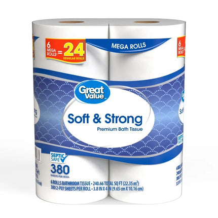 Soft & Strong Premium Toilet Paper, 6 Mega Rolls, 380 Sheets per Roll