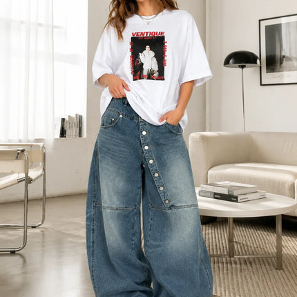 Women's Asymmetric Button Front Baggy Jeans, High Waist Vintage Washed Wide Leg Denim Pants Y2K Streetwear Loose Barrel Jeans for Daily Wear