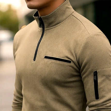 New Light Luxury Light Mature Casual Men Sports Retro Style Striped Zipper Arm Fashion Men Outdoor Long Sleeve POLO Shirt