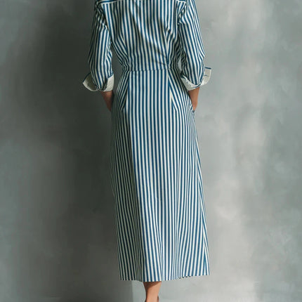 Elegant Striped Print Shirt Dress for Women Casual Turn Down Collar Color Blocking Pocket Long Dresses New Trendy Graceful Robe